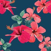 Seamless pattern tropical summer with red Hibiscus flowers on isolated dark blue background. Vector illustration hand drawing dry watercolor style. For fabric design.
