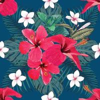 Seamless pattern tropical summer with red Hibiscus and frangipani flowers abstract background. Vector illustration hand drawing watercolor style. For fabric design.