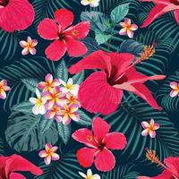 Seamless pattern tropical summer with red Hibiscus and frangipani flowers abstract background. Vector illustration hand drawing watercolor style. For fabric design.