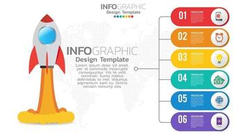 6 steps startup infographics with rocket launch. business and finance concept. vector