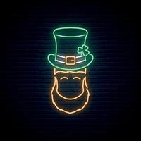 Neon leprechaun with Patricks green hat and orange beard. vector