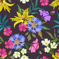 Colorful seamless pattern with botanical floral design on dark background. vector