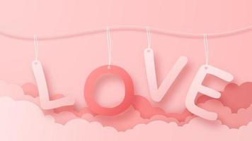 3D origami hot air balloon flying with heart love text background. Love concept design for happy mother's day, valentine's day, birthday day. Vector paper art illustration.