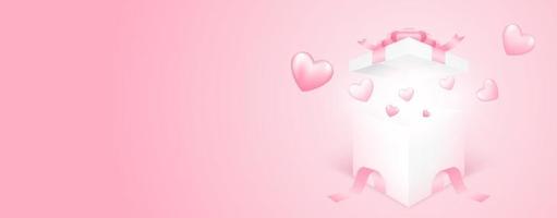 Caja de regalo 3d con corazón volando sobre fondo rosa banner. diseño de concepto de amor para el día de la madre feliz, día de san valentín, día de cumpleaños. Ilustración de arte en papel. vector