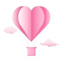 Corazón de globo de aire caliente de origami 3d volando con nubes sobre fondo de cielo. diseño de concepto de amor para el día de la madre feliz, día de san valentín, día de cumpleaños. ilustración de arte de papel de vector. vector