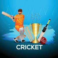 Torneo de campeonato de cricket partido con trofeo y bate. vector