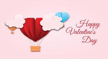 Valentines day paper cut style background with with air balloon decorations vector