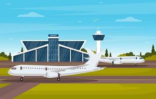 Aircraft Plane in Runway Airport Terminal Building Landscape Skyline Illustration vector