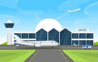 avión avión en la pista del aeropuerto edificio terminal paisaje horizonte ilustración vector