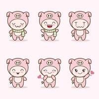 cute pig mascot with various kinds of expressions set collection vector
