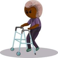 Vector image of an elderly dark-skinned man with diseases of the musculoskeletal system walking with a support