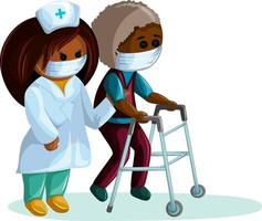 Vector image of an elderly dark-skinned man with diseases of the musculoskeletal system walking with a support and a nurse who helps him