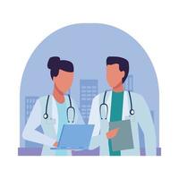 a pair of doctors with stethoscopes and laptops vector