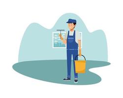 male housekeeping worker with bucket and brush vector