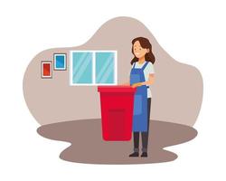 female housekeeping worker with garbage bin vector