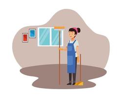 female housekeeping worker with broom and dustpan vector
