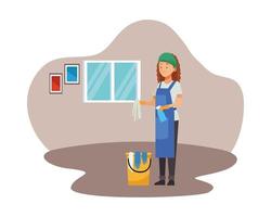 female housekeeping worker with cloths and bucket vector