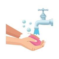 hands washing with soap bar and water tap vector