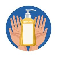 hands lifting antibacterial soap bottle vector