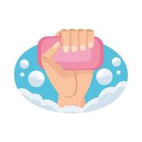 hand holding pink soap bar with bubbles vector