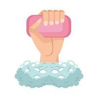 hand holding pink soap bar with bubbles vector