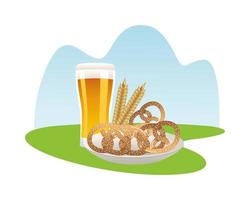 beer mug with pretzels and barley spikes vector