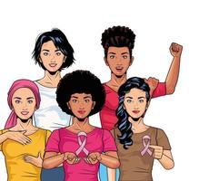 grupo interracial de chicas con cintas rosas para la campaña de cáncer de mama, estilo pop art vector