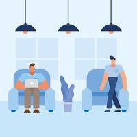 Flat design men working in the waiting room vector