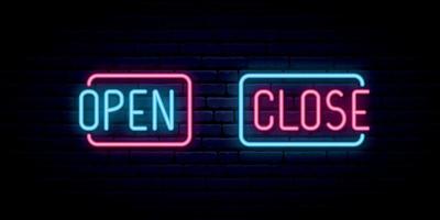 Open and Close neon inscription on brick wall background. vector