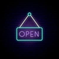 Open neon sign in a frame on brick wall background vector