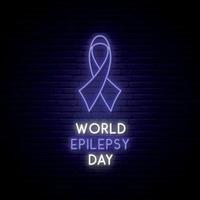 World epilepsy day concept neon signboard.  Bright Purple awareness ribbon on dark brick wall background. vector