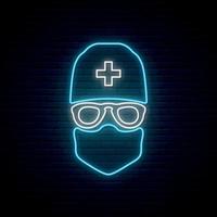 letrero de neón médico. hombre médico con máscara médica protectora, gafas y gorro médico. vector