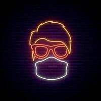 Protective medical mask neon sign. Man wearing protective medical mask and glasses. vector