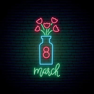 Vase with Flowers neon sign. 8 march bright design.