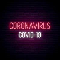 Coronavirus neon signboard. COVID-19 bright light inscription on dark brick wall background. vector