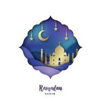 Ramadan Kareem illustration with arabic Origami Mosque, Crescent Moon and Stars. vector