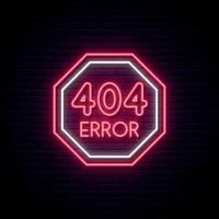 404 Error neon sign. Bright red warning sign on dark brick wall background. Error page not found concept neon signboard. vector