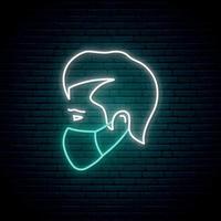 Man in medical mask neon sign. Use mask to protect avoid virus. Coronavirus preventive concept. Bright medical mask symbol on dark brick wall background. vector