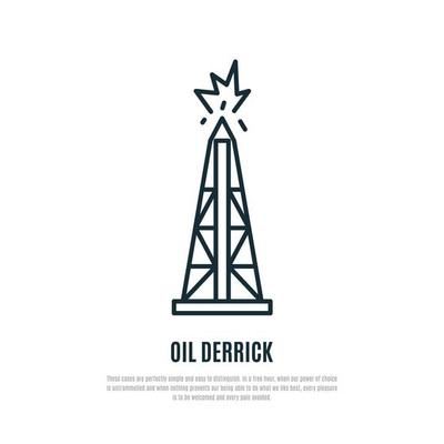 Oil derrick linear icon isolated on white background. Rig for exploration and drilling wells for oil production.