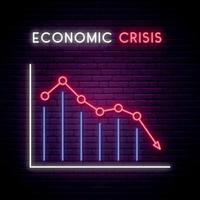 Neon economic crisis sign. Chart with down red arrow on dark brick wall background. vector