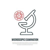 Microscope line icon. Microscopic examination of Covid-19 bacteria. vector