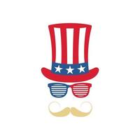 gafas, bigote y sombrero del tío sam. bandera estadounidense. fiesta nacional en el día de la independencia de los estados unidos de américa.