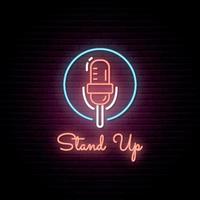 Ilustración de micrófono brillante. señal de neón. letrero para stand up show. vector