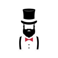 Retrato minimalista de hombre con barba, con sombrero y pajarita a la antigua. vector