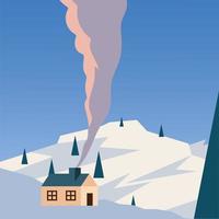 house at a snow mountain and blue sky background