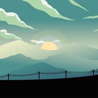 fence silhouette in front of mountains with sun background vector