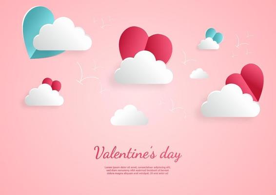 Valentine's day background. Hearts pink and blue paper cut card on blue background. Decor plane with space for text.