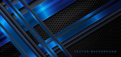 Template diagonal lines blue and dark overlapping layers on black metal background. vector