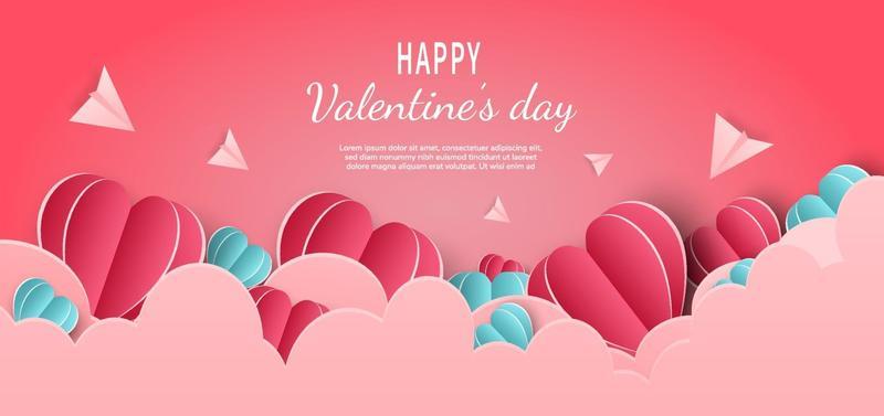 Valentine's day background. Hearts pink and blue paper cut card on pink background. Decor clouds and plane with space for text.