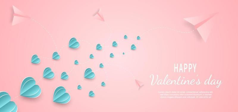 Valentine's day background. Hearts pink and blue paper cut card on blue background. Decor plane with space for text.